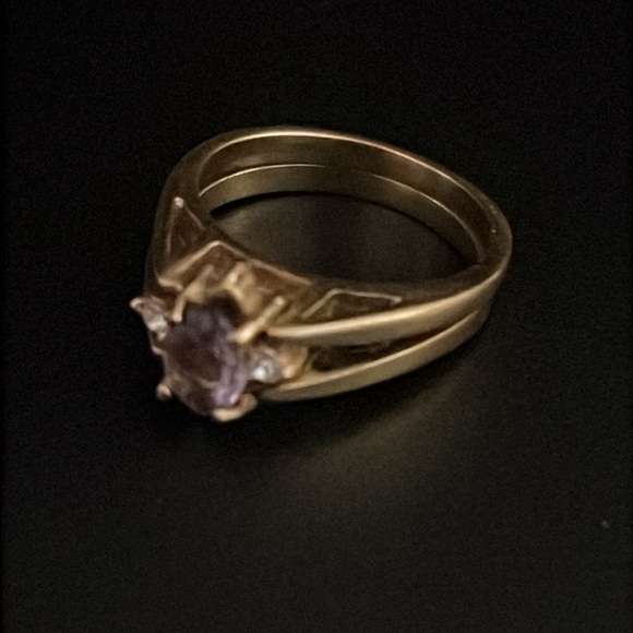 Vintage Art Deco 14k Gold Plated Amethyst Gemstone Cubic Zirconia Flip Ring - Picture 6 of 14
